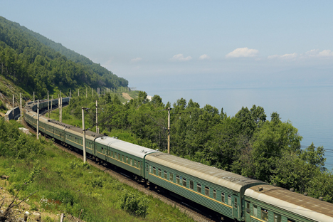 Russia, Siberia, Trans-siberian train on the banks of Baikal lake